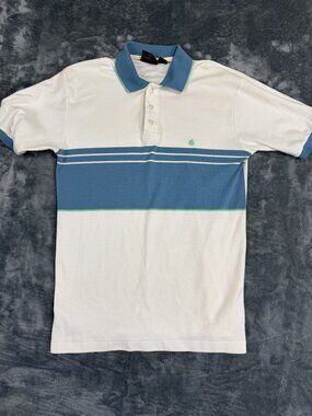 Unicorn Mens White & Blue Striped Polo Shirt M Cotton Blend
